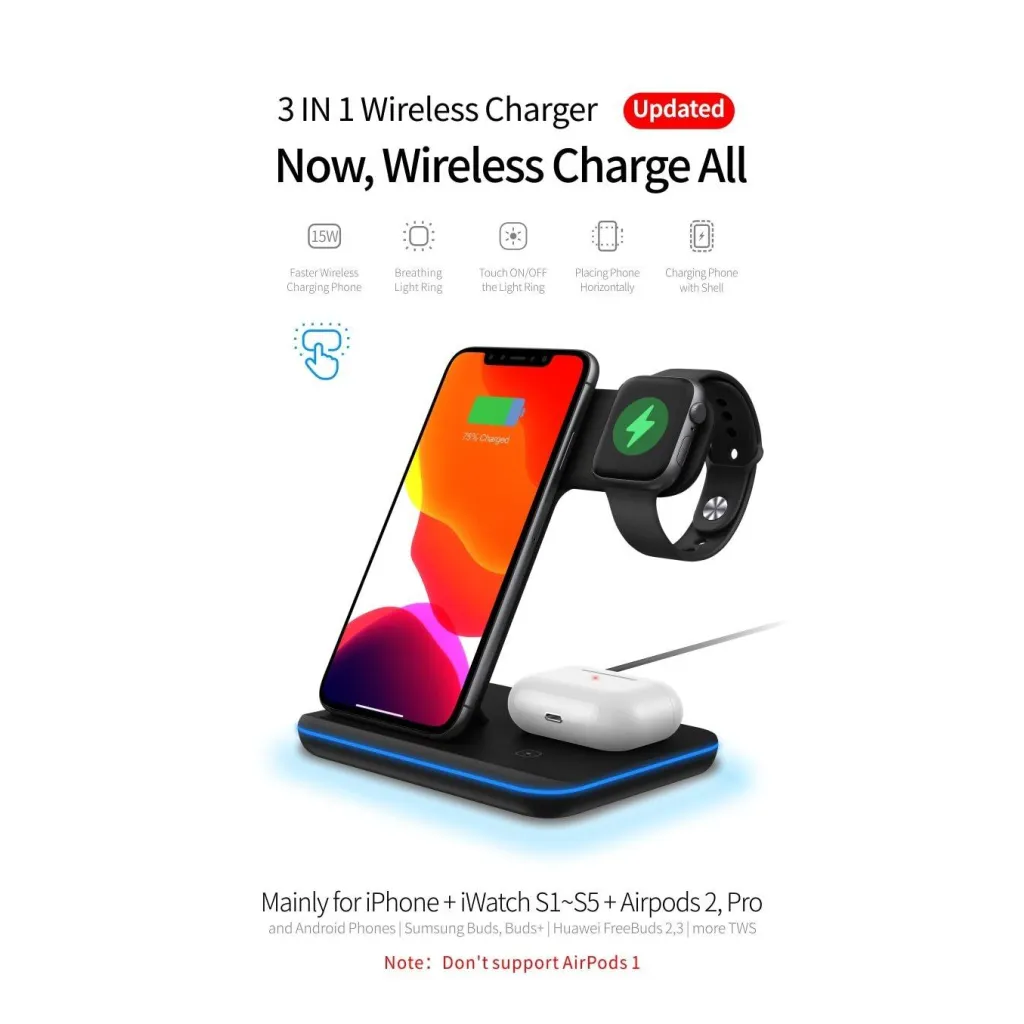 Ninja 15W 3 in 1 Fast Wireless Charging Station for Mobile Phones - TechShopi