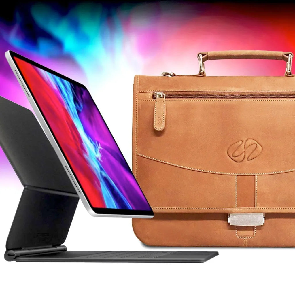 Premium Leather iPad Pro Briefcase - Cases & Covers by Ochre Eurybia - ethically sourced leather, ipad, ipad briefcase, ipad carrying case, ipad case, ipad case with strap, ipad pro 12.9 case, ipad pro case, ipad pro case with pencil holder, ipad pro magic keyboard case, laptop briefcase, leather, leather briefcase, magic keyboard case, surface pro case, tablet briefcase