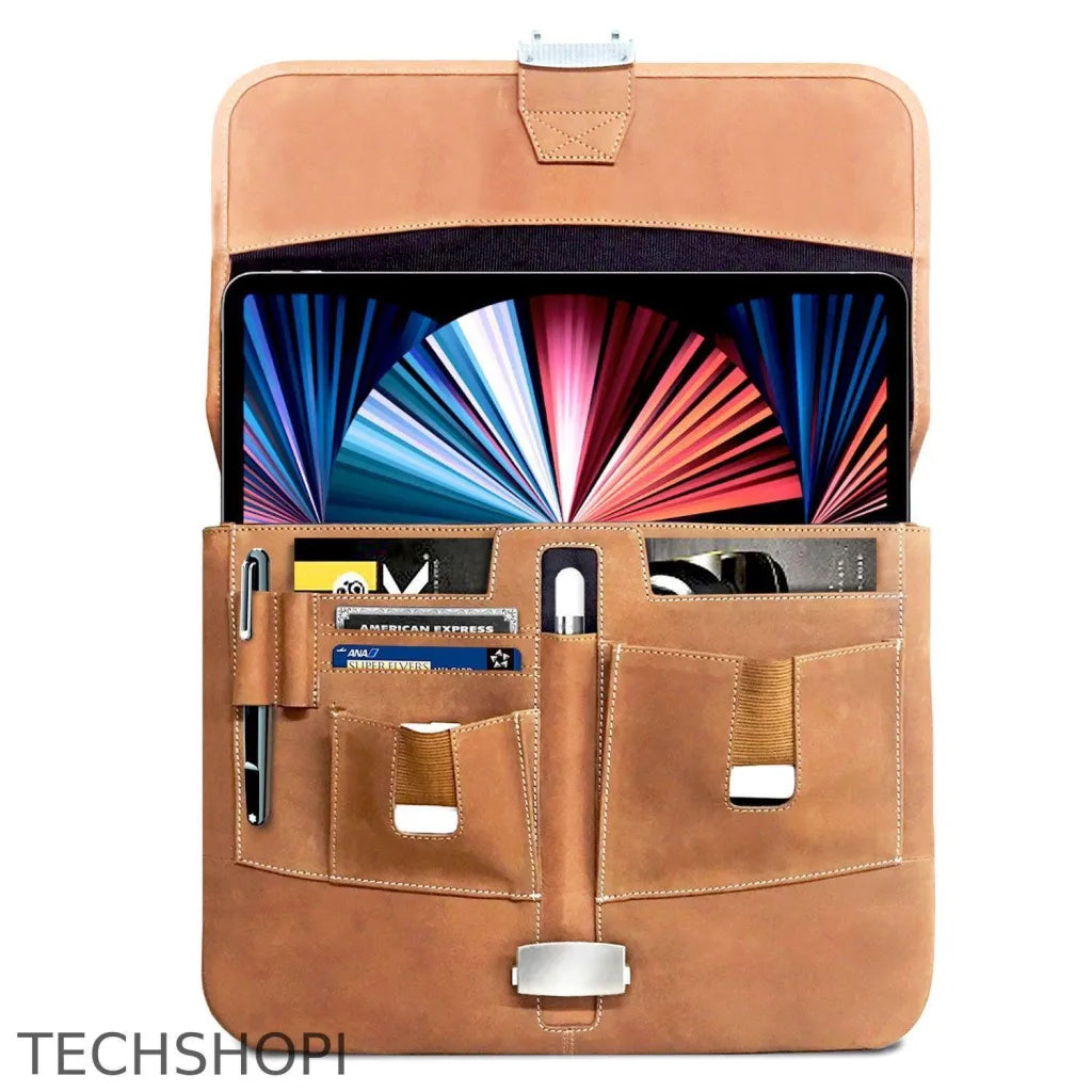 Premium Leather iPad Pro Briefcase - Cases & Covers by Ochre Eurybia - ethically sourced leather, ipad, ipad briefcase, ipad carrying case, ipad case, ipad case with strap, ipad pro 12.9 case, ipad pro case, ipad pro case with pencil holder, ipad pro magic keyboard case, laptop briefcase, leather, leather briefcase, magic keyboard case, surface pro case, tablet briefcase
