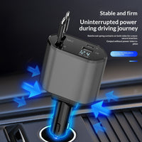 4-in-1 Car Charger 120W - QC3.0 Fast Charging with Retractable Cables | Digital Display USB-C Cigarette Lighter Adapter