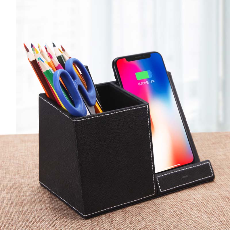 Leather Wireless Charger Pen Holder - Premium Desk Organizer with Qi Fast Charging for Office & Home