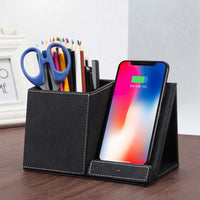 Leather Wireless Charger Pen Holder - Premium Desk Organizer with Qi Fast Charging for Office & Home