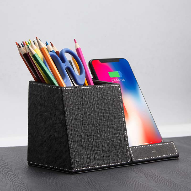 Leather Wireless Charger Pen Holder - Premium Desk Organizer with Qi Fast Charging for Office & Home