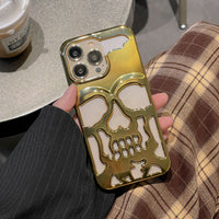Luxury Plating 3D Skull Phone Case - Glossy Hollow Out Metallic Design for iPhone 17 16 15 14 13 12 11 Pro Max Plus