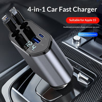 4-in-1 Car Charger 120W - QC3.0 Fast Charging with Retractable Cables | Digital Display USB-C Cigarette Lighter Adapter