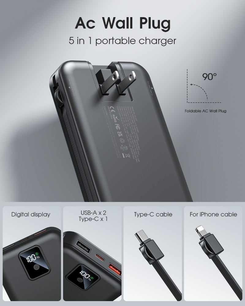 AC-02F Portable Power Bank - Compact Fast Charging Battery Pack | Universal USB Charger for iPhone & Android Devices