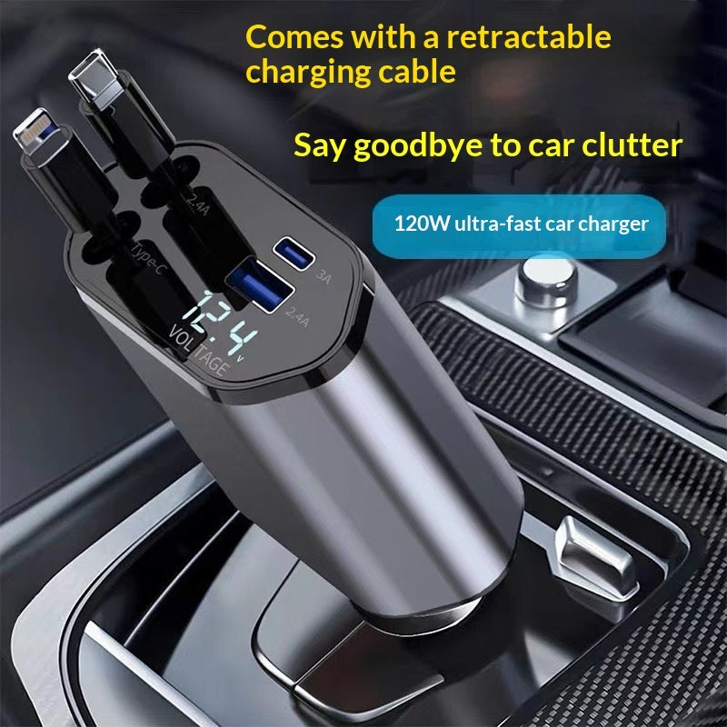 4-in-1 Car Charger 120W - QC3.0 Fast Charging with Retractable Cables | Digital Display USB-C Cigarette Lighter Adapter