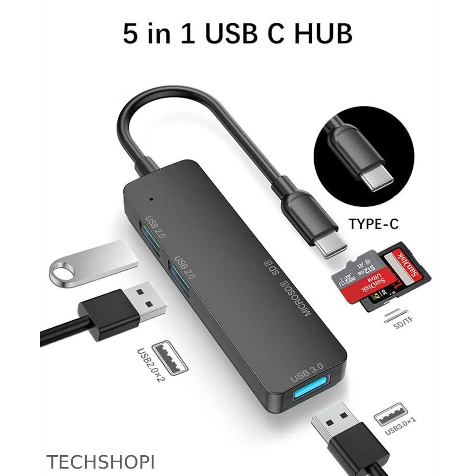 5 IN 1 Type C Hub Adapter with TF SD Reader for MacBook Pro & PC - Fast Data Transfer & Slim Design - TechShopi