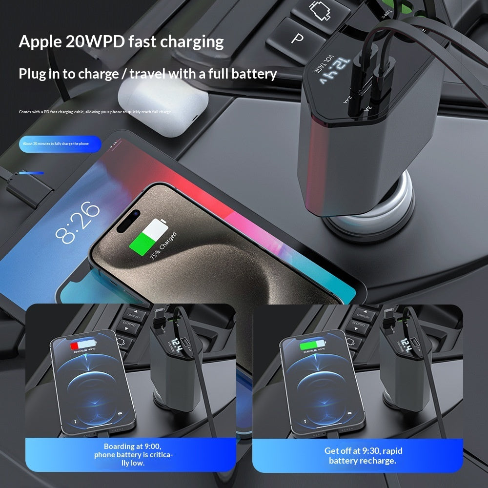 4-in-1 Car Charger 120W - QC3.0 Fast Charging with Retractable Cables | Digital Display USB-C Cigarette Lighter Adapter