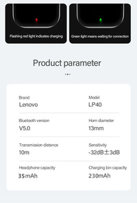 Lenovo LP40 TWS Wireless Earbuds - Bluetooth 5.0 Touch Control | HiFi Stereo, Waterproof Sport In-Ear Headphones with Charging Case