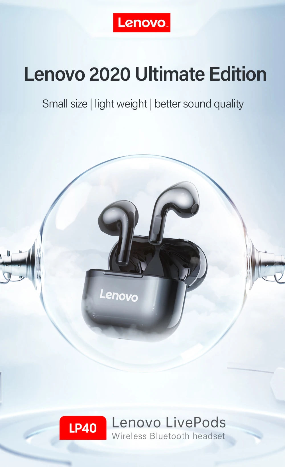 Lenovo LP40 TWS Wireless Earbuds - Bluetooth 5.0 Touch Control | HiFi Stereo, Waterproof Sport In-Ear Headphones with Charging Case