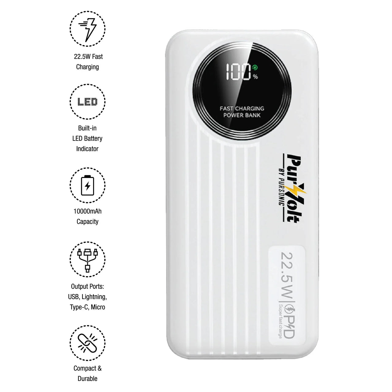 Pursonic 10,000mAh LED Fast Charging Power Bank - Built-in 4 Cables | 22.5W Type-C/USB/Lightning Portable Charger