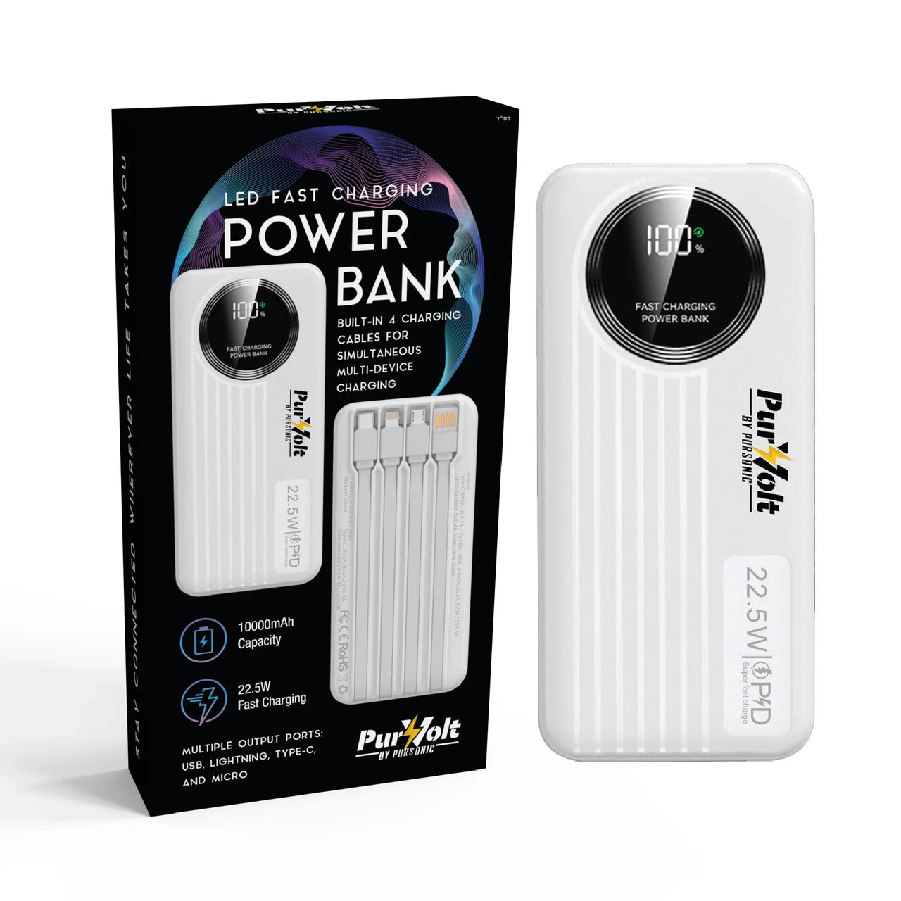Pursonic 10,000mAh LED Fast Charging Power Bank - Built-in 4 Cables | 22.5W Type-C/USB/Lightning Portable Charger