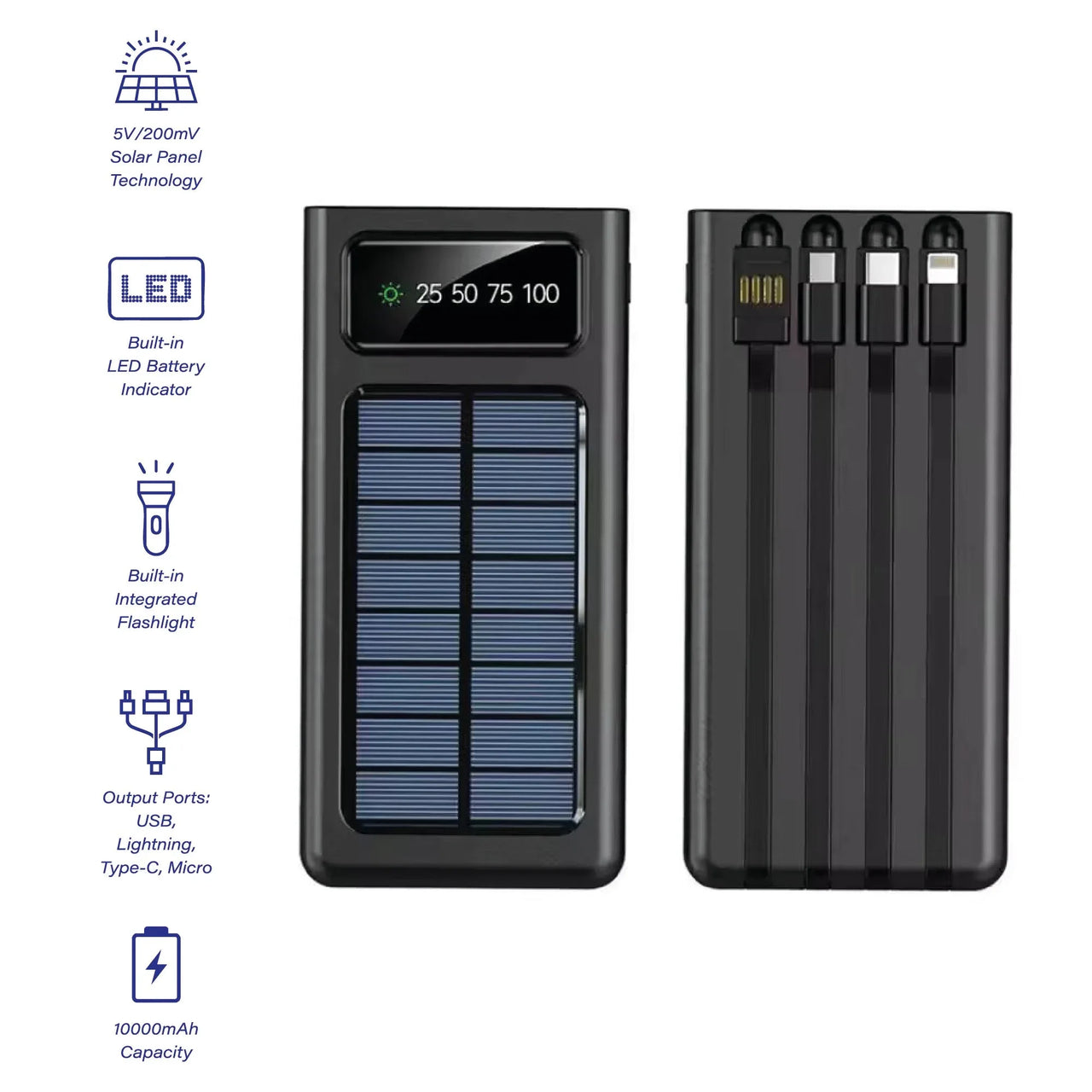 Pursonic LED Portable Solarsync Power Bank - 10,000mAh Solar Charging | Multi-Port with Built-in Flashlight & LED Indicator