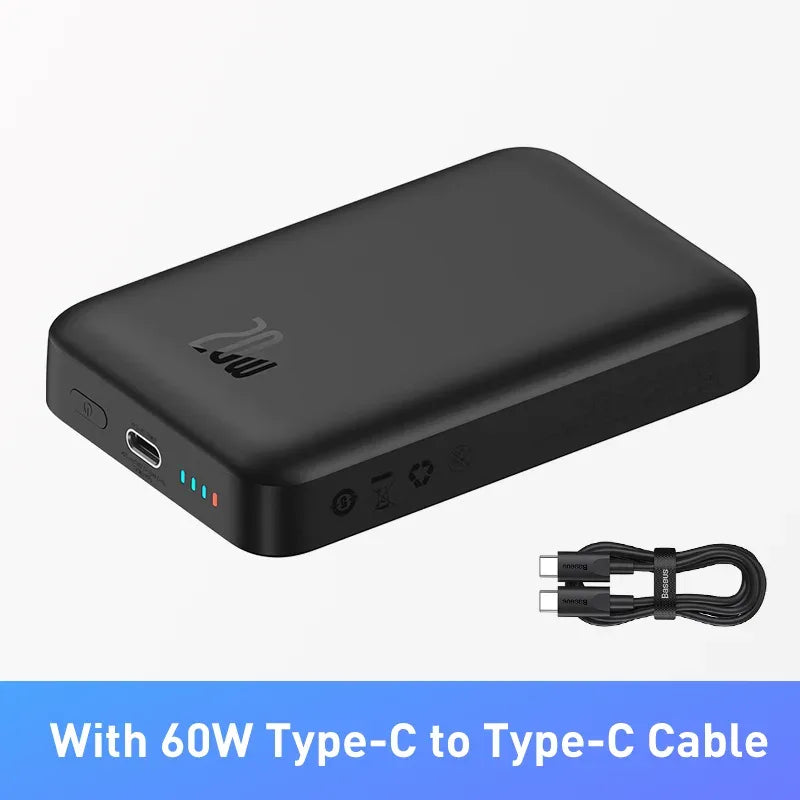 Black power bank with 60W Type-C to Type-C cable on a white background