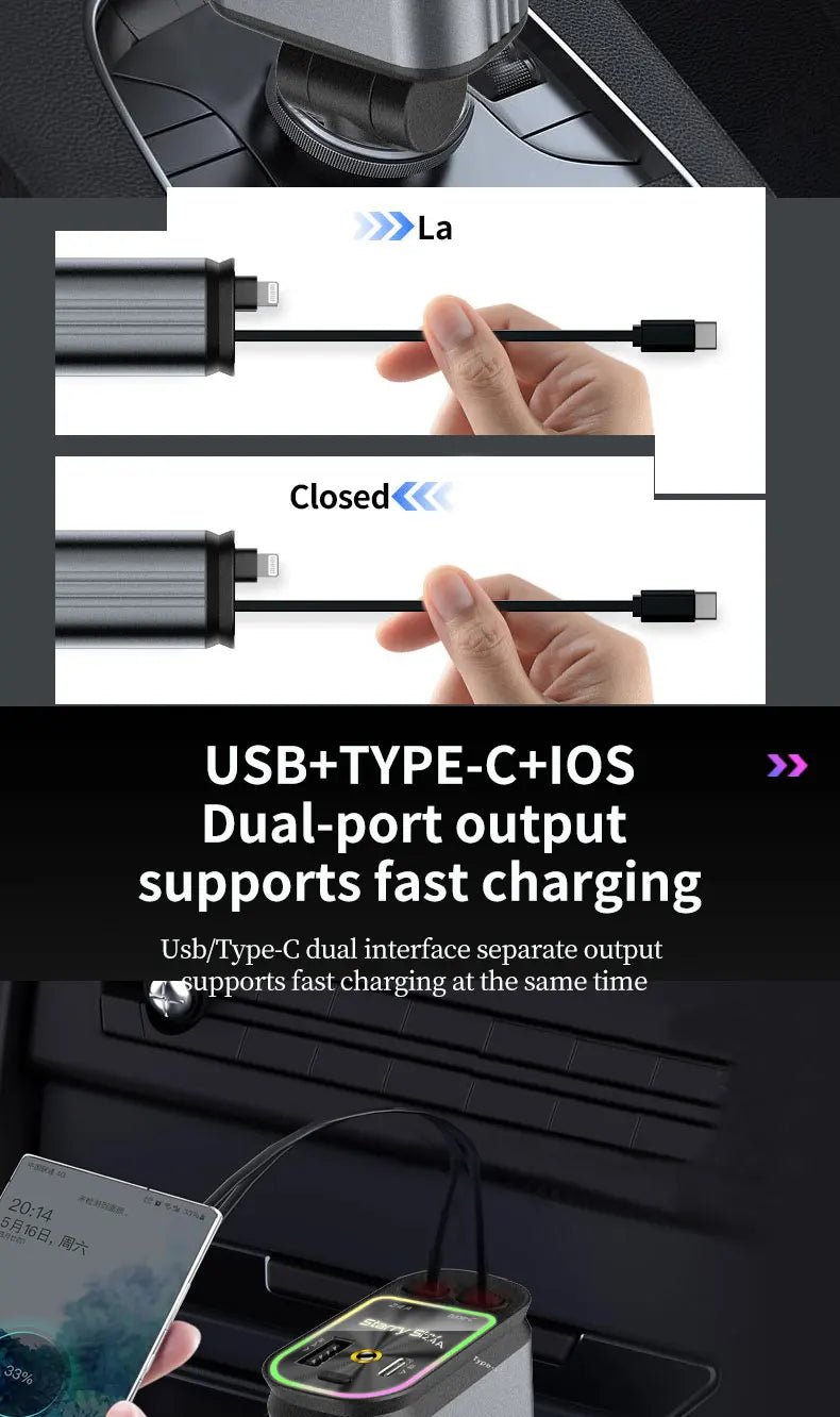 4-in-1 PD30W Car Fast Charger with Retractable Cables - USB Type-C Power Adapter | 120W Max with Roof Starlight for iOS & Android