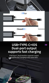 4-in-1 PD30W Car Fast Charger with Retractable Cables - USB Type-C Power Adapter | 120W Max with Roof Starlight for iOS & Android