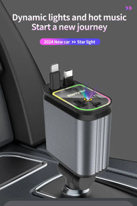 4-in-1 PD30W Car Fast Charger with Retractable Cables - USB Type-C Power Adapter | 120W Max with Roof Starlight for iOS & Android