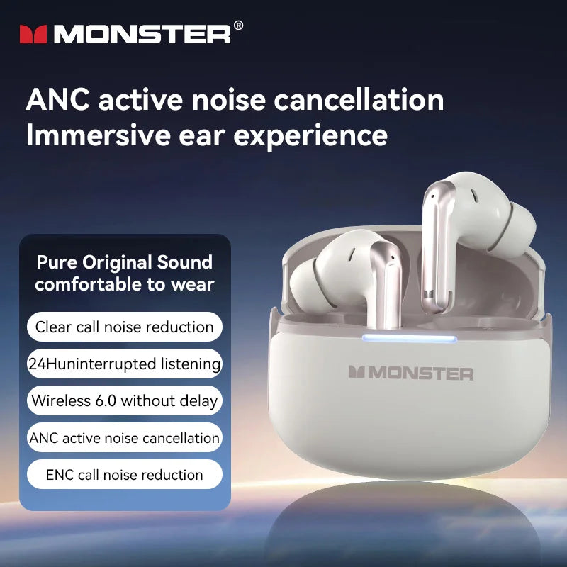 Monster ANC TWS Earbuds - Bluetooth 5.3 Active Noise Cancellation | Waterproof Sport In-Ear Headphones with Charging Case