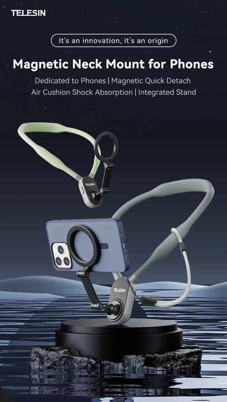 TELESIN Silicone Magnetic Quick-Release Neck Mount - Hands-Free Phone Holder for iPhone 15 14 13 12 11, Samsung, Universal Smartphones