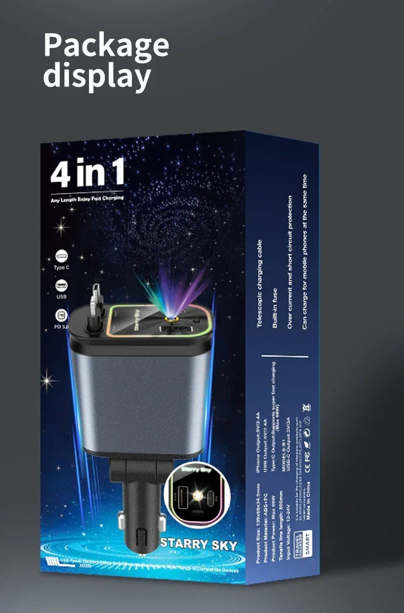 4-in-1 PD30W Car Fast Charger with Retractable Cables - USB Type-C Power Adapter | 120W Max with Roof Starlight for iOS & Android