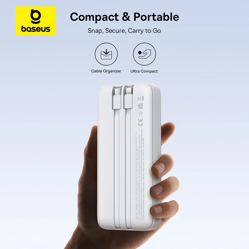 Baseus Power Bank 20000mAh - 22.5W Fast Charging | Built-in Lightning & USB-C Cables, LCD Display, Air-Travel Friendly, iPhone & Android