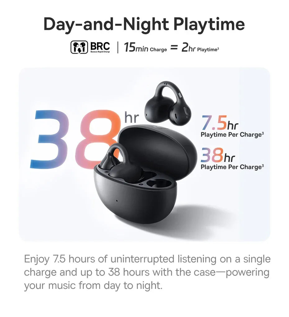 Baseus BC1 Open-Ear Clip Earbuds - Bluetooth 6.0 | 4-Mic ENC, 38Hr Battery, IP55 Waterproof, Super Bass Sport Earphones