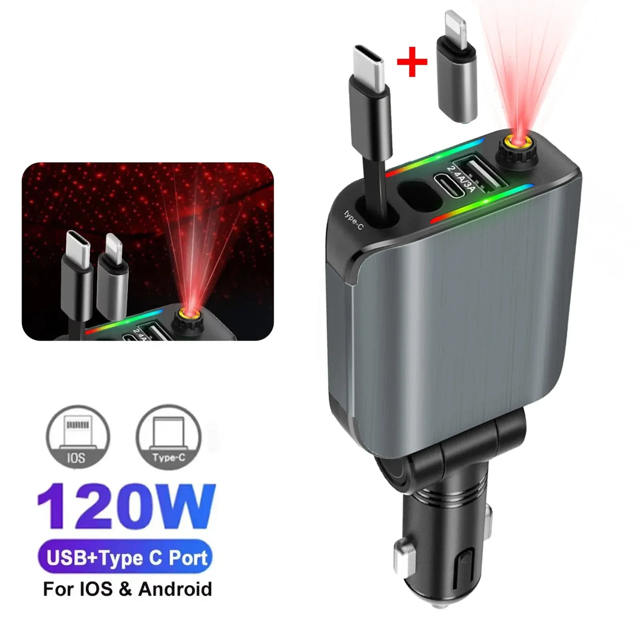 4-in-1 PD30W Car Fast Charger with Retractable Cables - USB Type-C Power Adapter | 120W Max with Roof Starlight for iOS & Android