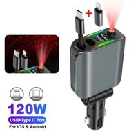 4-in-1 PD30W Car Fast Charger with Retractable Cables - USB Type-C Power Adapter | 120W Max with Roof Starlight for iOS & Android
