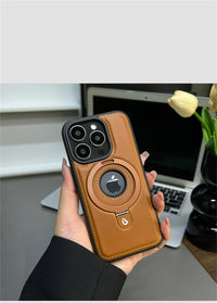 Luxury Magnetic Stand Ring Vegan Leather iPhone Case - MagSafe Compatible | Anti-Scratch Hollow Logo Cover for iPhone 12-17 Series