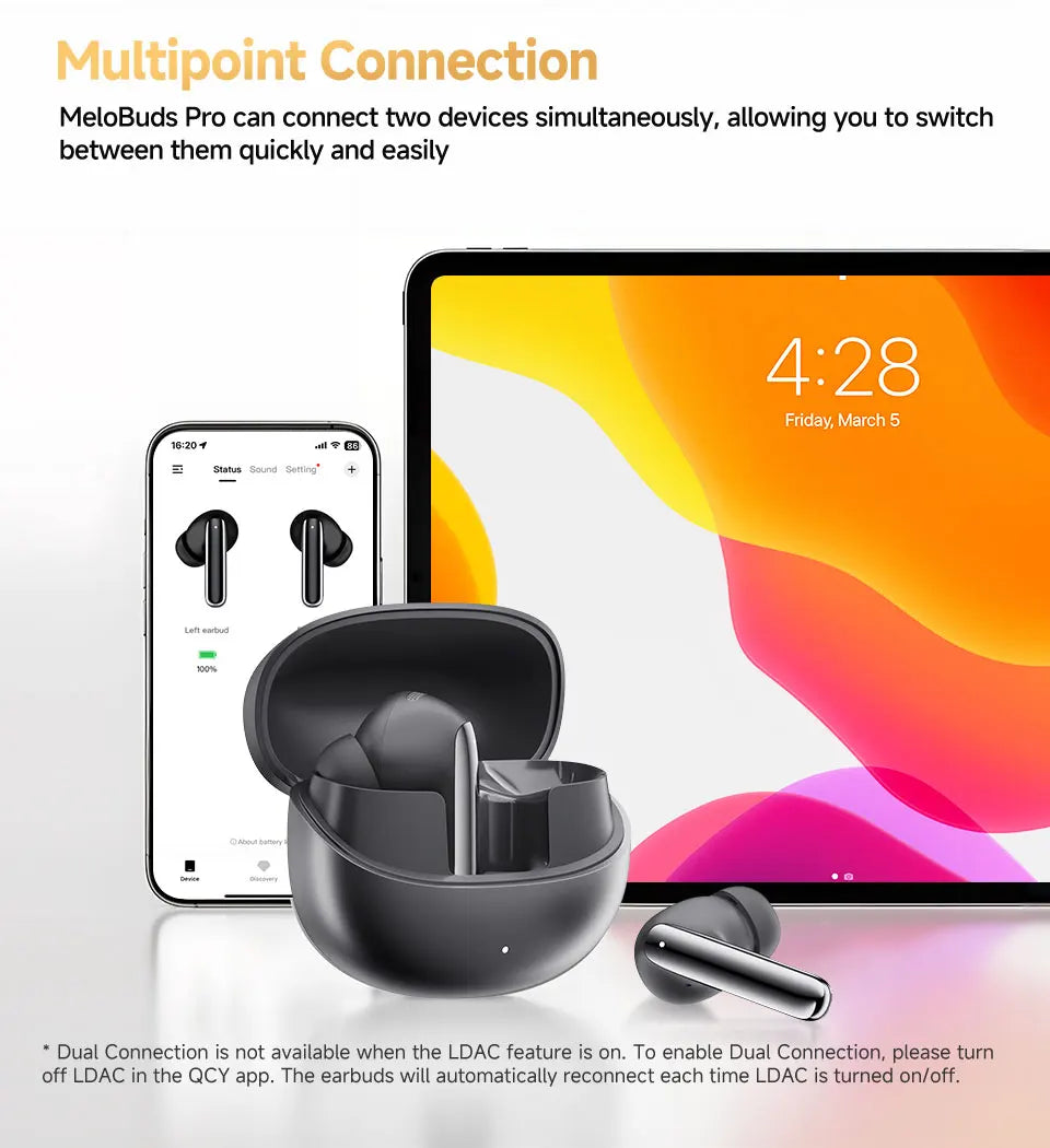 QCY MeloBuds Pro ANC Earbuds - 46dB Hybrid ANC, LDAC Hi-Res, Bluetooth 5.3 | 6-Mic, 34H Battery, In-Ear Detection, Waterproof TWS
