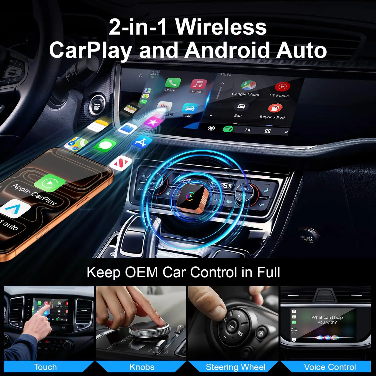 CarPlay Wireless Adapter 2-in-1 - Cable to Wireless Converter for iPhone & Android Auto | Mini USB Design Plug & Play