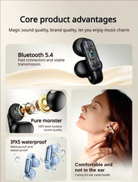Black Bluetooth earbuds with text highlighting features on a light gray background
