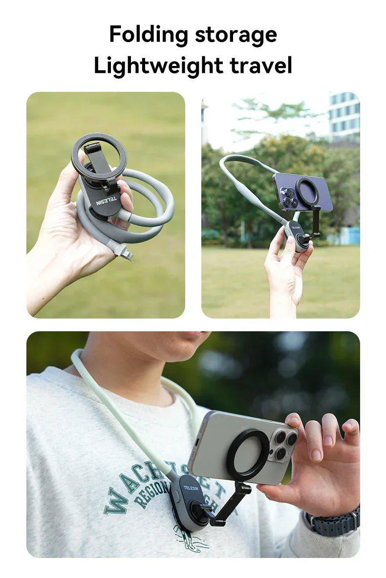 TELESIN Silicone Magnetic Quick-Release Neck Mount - Hands-Free Phone Holder for iPhone 15 14 13 12 11, Samsung, Universal Smartphones