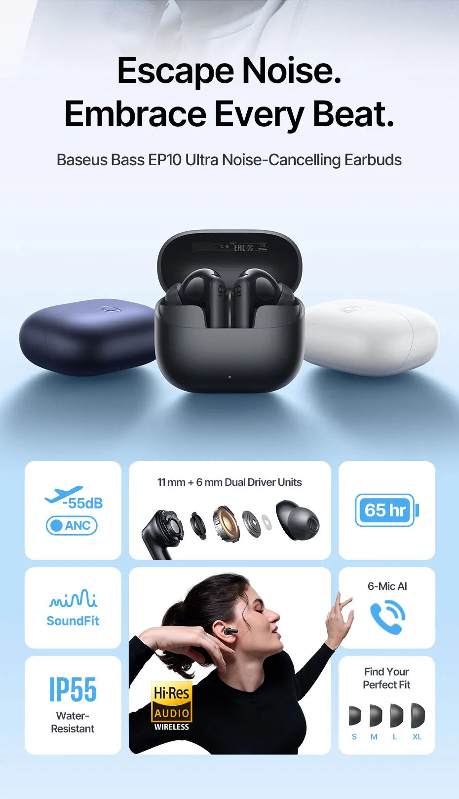 Baseus Bass EP10 Ultra ANC Earbuds - 55dB Noise Reduction, LDAC Hi-Res, Bluetooth 6.0 | 65H Battery, 6-Mic AI ENC, Powerful Bass, Waterproof TWS