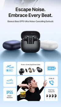 Baseus Bass EP10 Ultra ANC Earbuds - 55dB Noise Reduction, LDAC Hi-Res, Bluetooth 6.0 | 65H Battery, 6-Mic AI ENC, Powerful Bass, Waterproof TWS