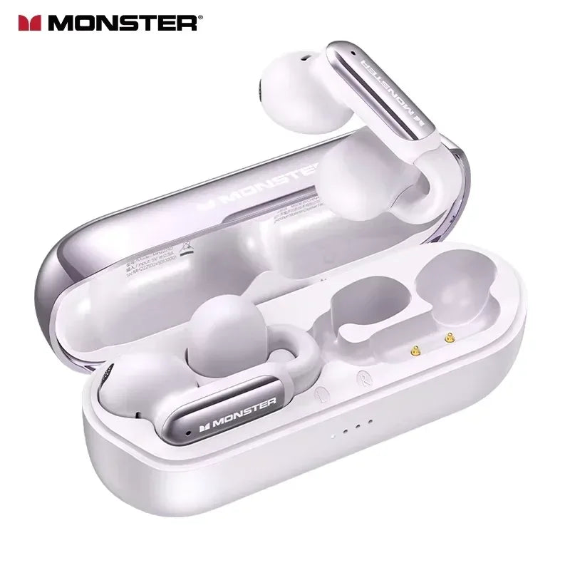 White wireless earbuds in a charging case with 'Monster' branding on a white background