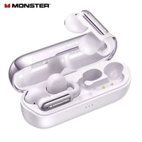 White wireless earbuds in a charging case with 'Monster' branding on a white background