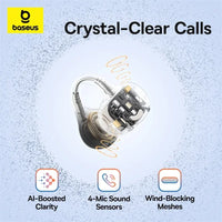 Baseus earbud with features highlighted on a light blue background
