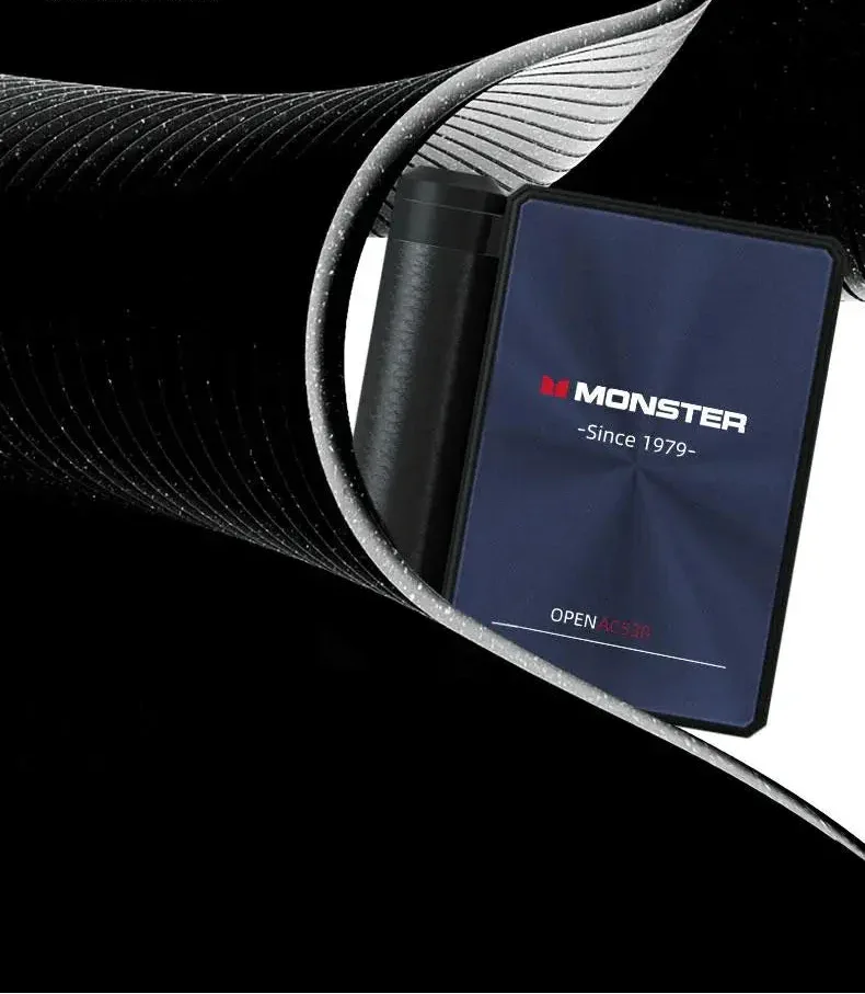 Monster cable packaging with branding on a black background