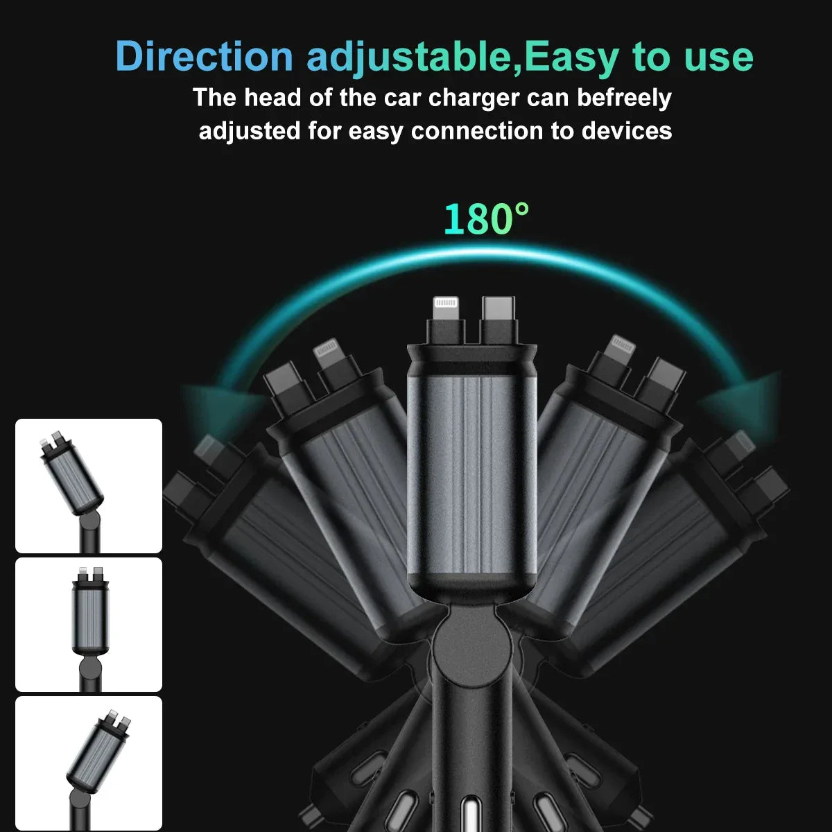 4-in-1 PD30W Car Fast Charger with Retractable Cables - USB Type-C Power Adapter | 120W Max with Roof Starlight for iOS & Android