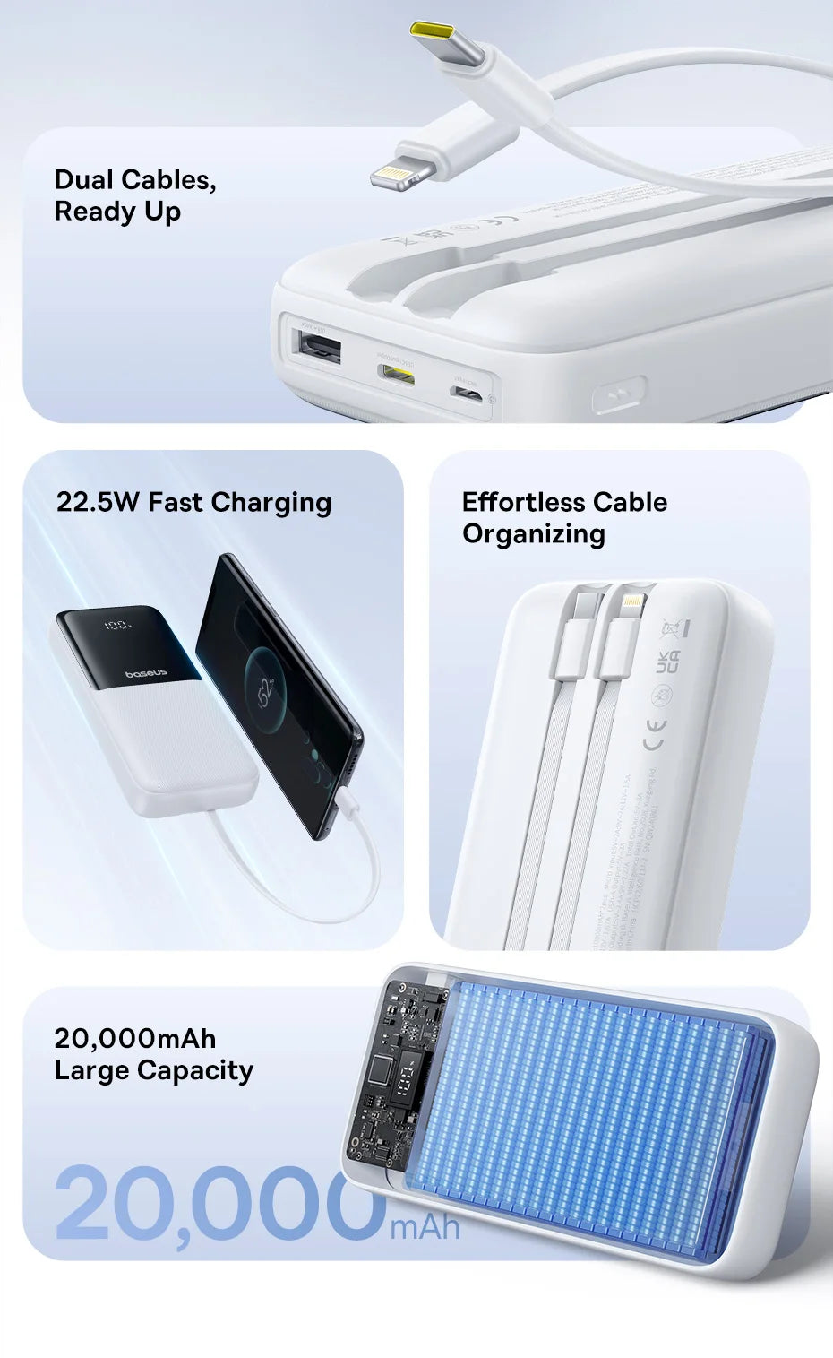 Baseus Power Bank 20000mAh - 22.5W Fast Charging | Built-in Lightning & USB-C Cables, LCD Display, Air-Travel Friendly, iPhone & Android
