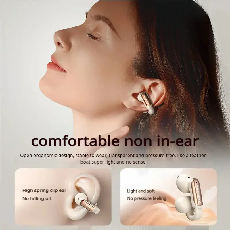 Woman wearing wireless earbuds with text highlighting comfort and design features.