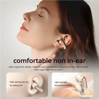 Woman wearing wireless earbuds with text highlighting comfort and design features.