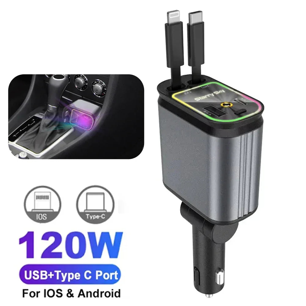 4-in-1 PD30W Car Fast Charger with Retractable Cables - USB Type-C Power Adapter | 120W Max with Roof Starlight for iOS & Android