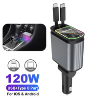 4-in-1 PD30W Car Fast Charger with Retractable Cables - USB Type-C Power Adapter | 120W Max with Roof Starlight for iOS & Android