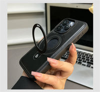 Luxury Magnetic Stand Ring Vegan Leather iPhone Case - MagSafe Compatible | Anti-Scratch Hollow Logo Cover for iPhone 12-17 Series