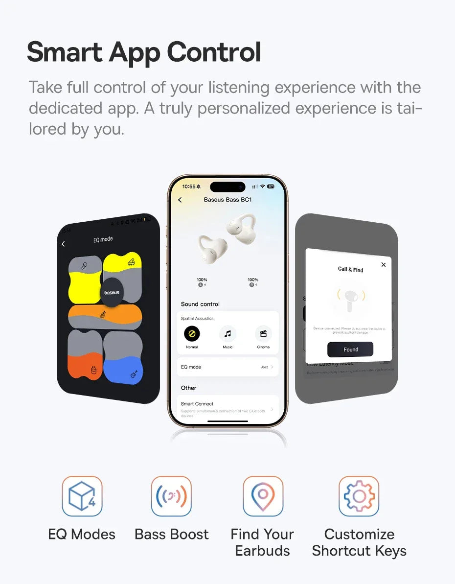 Baseus BC1 Open-Ear Clip Earbuds - Bluetooth 6.0 | 4-Mic ENC, 38Hr Battery, IP55 Waterproof, Super Bass Sport Earphones