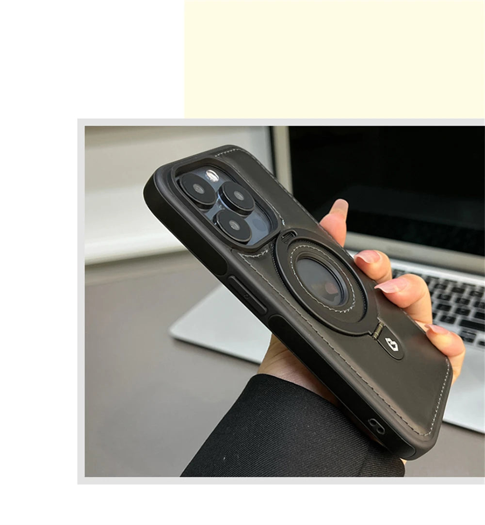 Luxury Magnetic Stand Ring Vegan Leather iPhone Case - MagSafe Compatible | Anti-Scratch Hollow Logo Cover for iPhone 12-17 Series