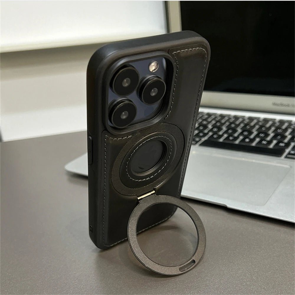 Luxury Magnetic Stand Ring Vegan Leather iPhone Case - MagSafe Compatible | Anti-Scratch Hollow Logo Cover for iPhone 12-17 Series